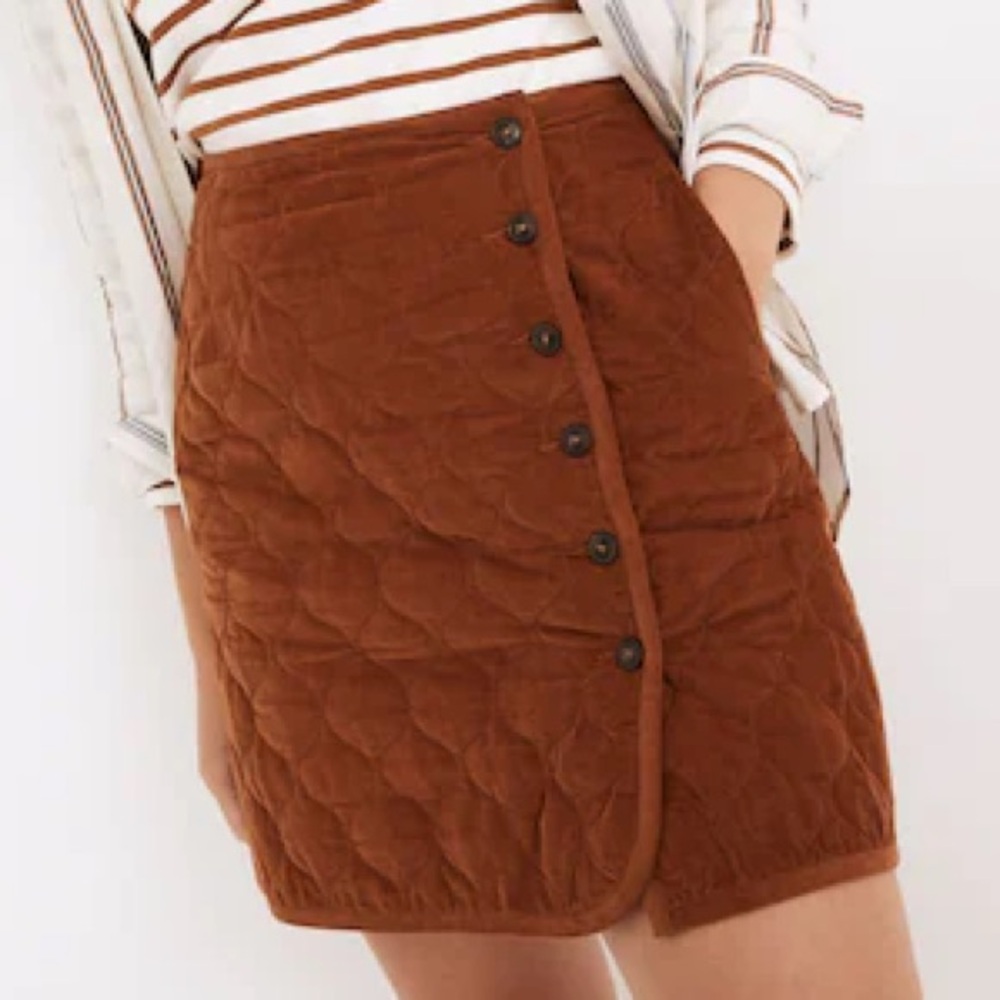 Madewell Quilted Rust Brown Button-Front A-Line Skirt